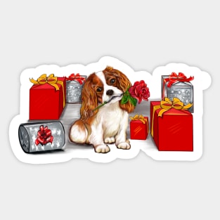Cavoodle puppy dog with rose in its mouth surrounded by gifts. Especially for you Sticker